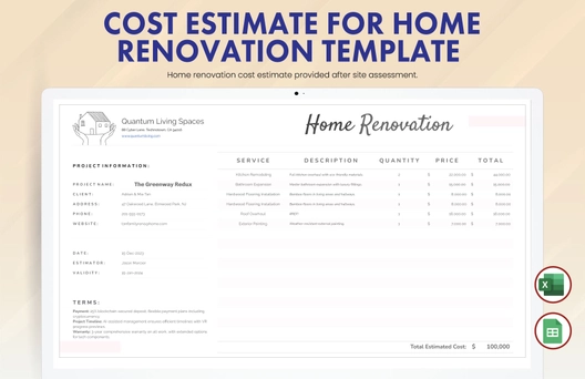 Cost Estimate for Home Renovation Template