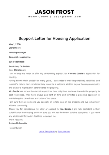 Free Housing Application Support Letter Template to Edit Online