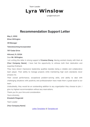 Free Recommendation Support Letter Template to Edit Online