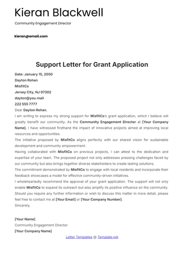 Free Grant Application Support Letter Template to Edit Online