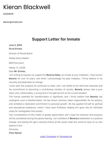 Free Support Letter Template for Inmate to Edit Online