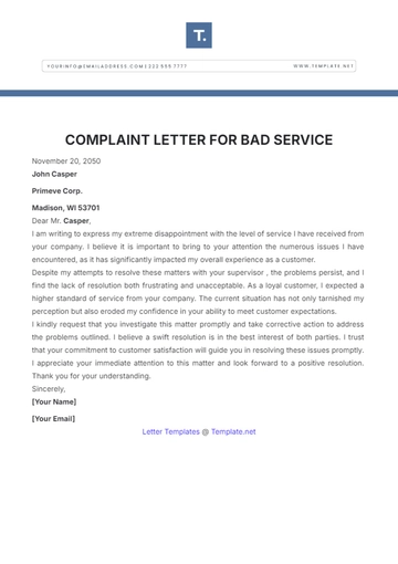 Free Complaint Letter for Bad Service Template to Edit Online