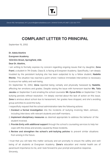 Free Complaint Letter to Principal Template to Edit Online