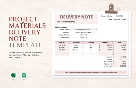 Project Materials Delivery Note Template