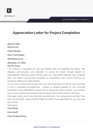 Free Appreciation Letter for Project Completion Template to Edit Online