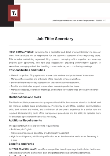 Free Secretary Job Description Design Template to Edit Online