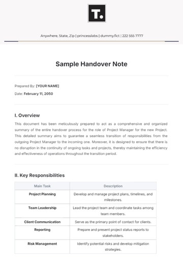 Free Sample Handover Note Template to Edit Online