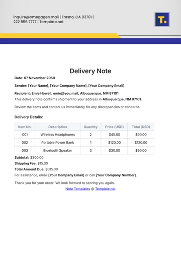Free Delivery Note Template to Edit Online