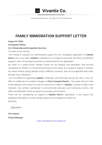 Free Family Immigration Support Letter Template to Edit Online