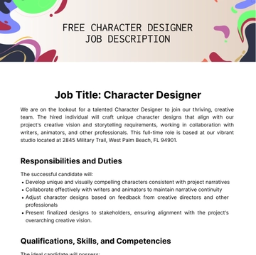 Free Character Design Job Description Template to Edit Online