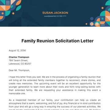 Free Family Reunion Solicitation Letter Template to Edit Online