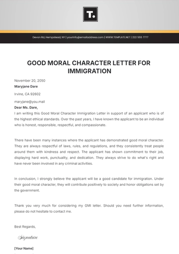 Free Good Moral Character Letter for Immigration Template to Edit Online