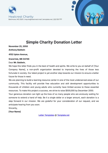 Free Simple Charity Donation Letter Template to Edit Online