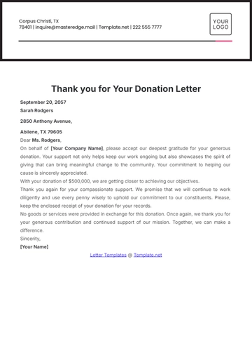 Free Thank You for Your Donation Letter Template to Edit Online