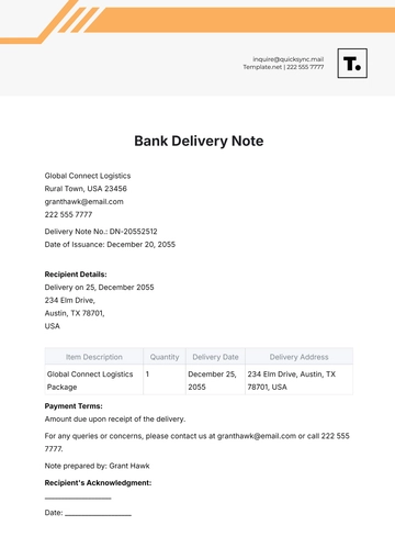 Free Bank Delivery Note Template to Edit Online