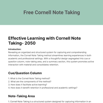 Free Cornell Note Taking Template to Edit Online