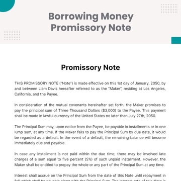 Free Borrowing Money Promissory Note Template to Edit Online