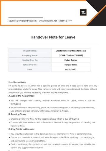 Free Handover Note for Leave Template to Edit Online