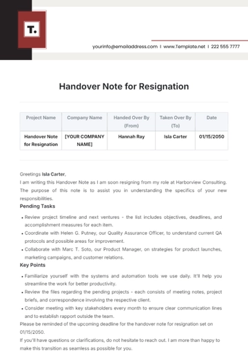Free Handover Note for Resignation Template to Edit Online