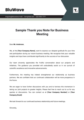 Free Sample Thank you Note for Business Meeting Template to Edit Online
