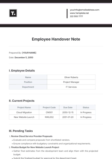 Free Employee Handover Note Template to Edit Online
