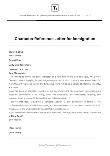 Free Character Reference Letter for Immigration Template to Edit Online
