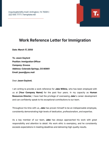 Free Work Reference Letter for Immigration Template to Edit Online