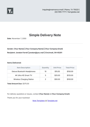 Free Simple Delivery Note Template to Edit Online