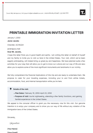 Free Printable Immigration Invitation Letter Template to Edit Online