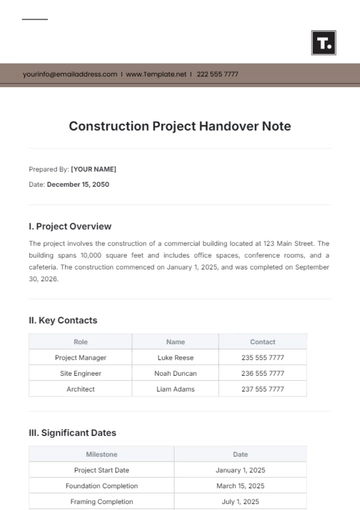 Free Construction Project Handover Note Template to Edit Online