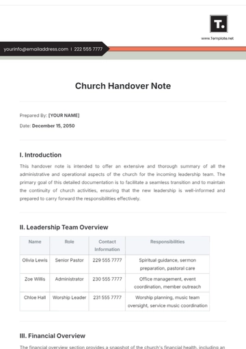 Free Church Handover Note Template to Edit Online