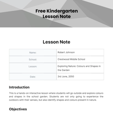 Free Kindergarten Lesson Note Template to Edit Online