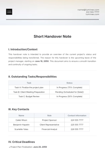 Free Short Handover Note Template to Edit Online