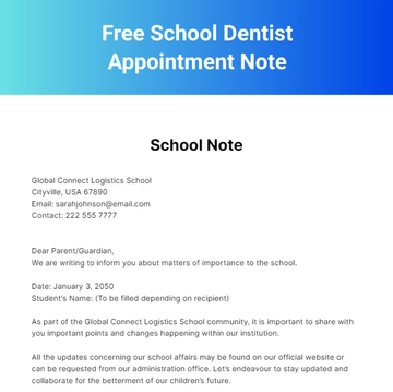 Free School Dentist Appointment Note Template to Edit Online