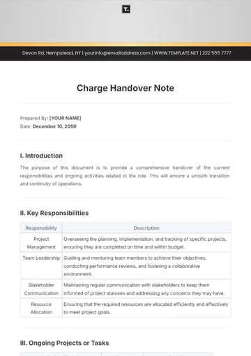 Free Charge Handover Note Template to Edit Online