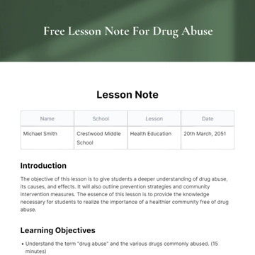 Free Lesson Note For Drug Abuse Template to Edit Online