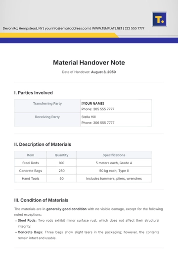 Free Material Handover Note Template to Edit Online