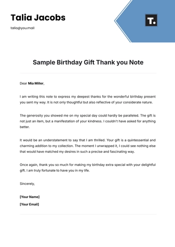 Free Sample Birthday Gift Thank you Note Template to Edit Online
