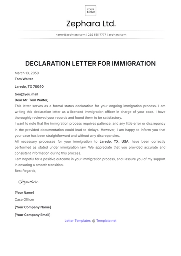 Free Declaration Letter for Immigration Template to Edit Online