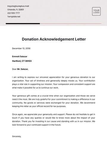 Free Donation Acknowledgement Letter Template to Edit Online