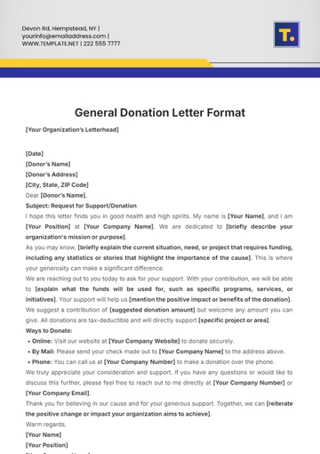 Free General Donation Letter Format Template to Edit Online
