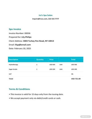 Editable Spa Invoice Template
