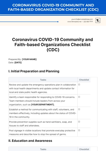 Free Coronavirus COVID-19 Community and Faith-based Organizations Checklist (CDC) Template to Edit Online