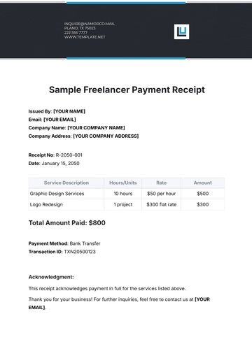 Free Sample Freelancer Payment Receipt Template to Edit Online