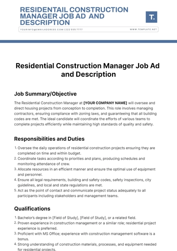 Free Residential Construction Manager Job Ad and Description Template to Edit Online