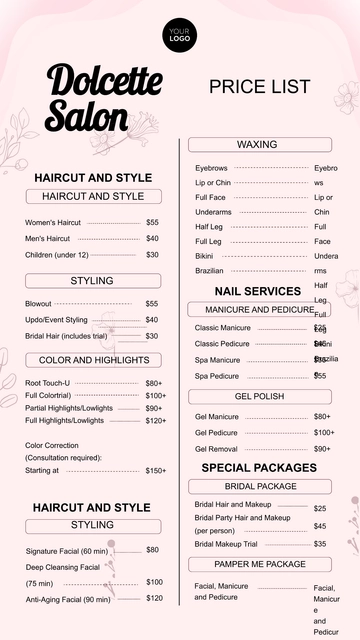 Free Salon Pricelist Template to Edit Online