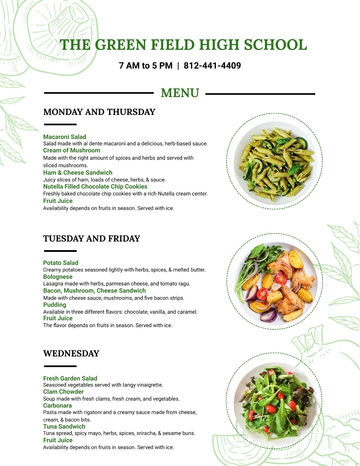 Free Printable School Menu Template to Edit Online
