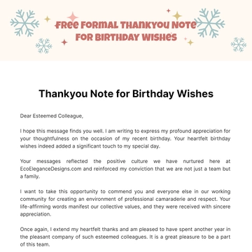 Free Formal Thankyou Note for Birthday Wishes Template to Edit Online