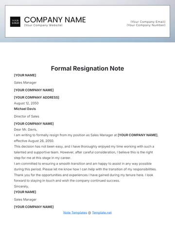 Free Formal Resignation Note Template to Edit Online