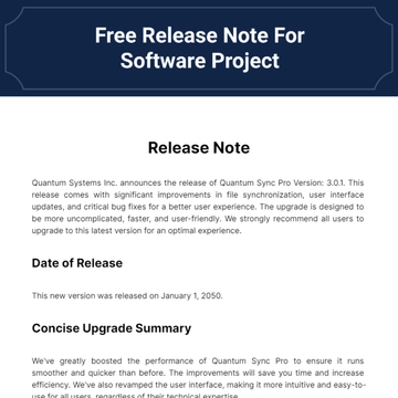 Free Release Note For Software Project Template to Edit Online